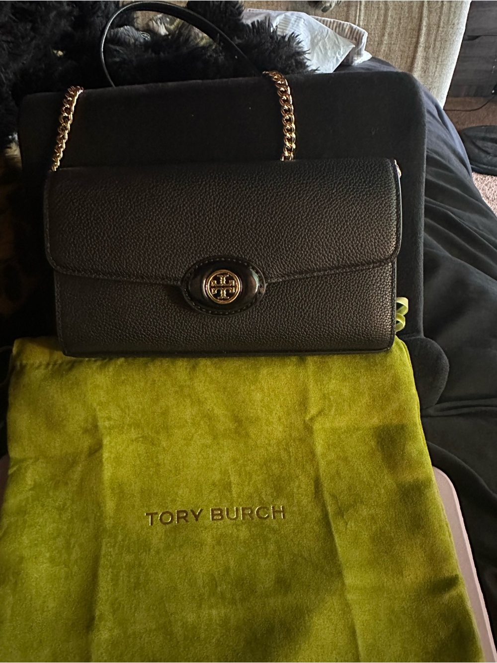 Tory Burch Black Pebbled Leather Chain Crossbody with Gold Hardware